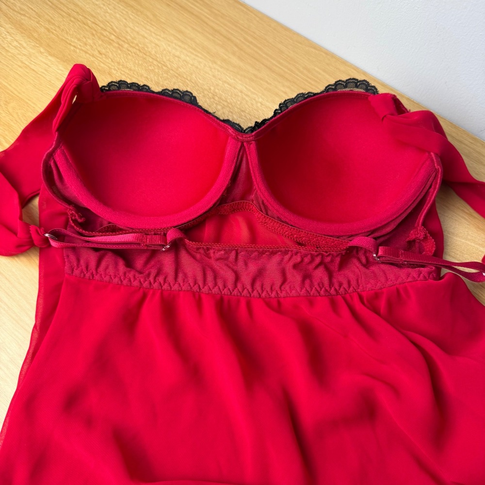 Y2K Babydoll Lace Sheer Chiffon Slip Dress Women Size M Red Coquette Boudoir - Picture 11 of 12